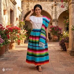 Traditional Mexican Sarape Dress Set, 3 Piece Outfit with Blouse, Skirt & Rebozo